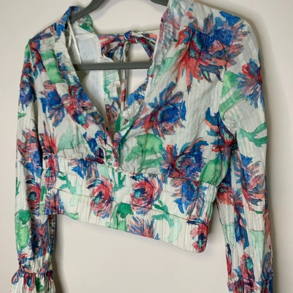 By Anthropologie Floral Plunging Neckline Long  Sleeve Crop Top Size XS - Picture 5 of 12